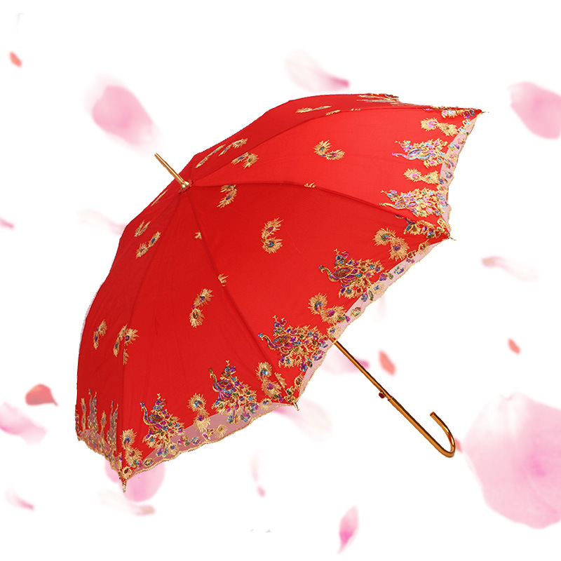 批发新款婚庆用品婚礼长雨伞婚嫁晴伞龙飞凤舞金属柄结婚陪嫁红伞