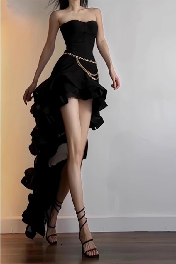 European and American Style Three-Dimensional Ruffled Tube Top Dress Autumn New Irregular Swallowtail Hem Small Dress