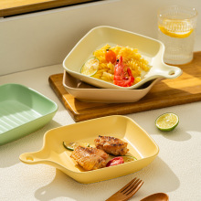 奶油风陶瓷盘家用烤箱烘培烤盘简约陶瓷带手把西餐盘芝士盘焗饭盘