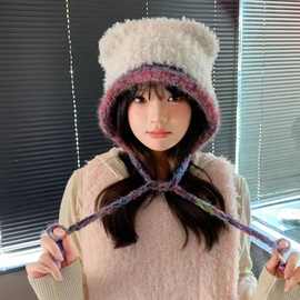 2025新款彩色绑带毛绒护耳帽女秋冬保暖显脸小针织毛线帽可爱雷锋