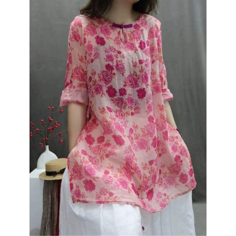 Хлопковая и льняная женская одежда 2024 летом новый рами принт легкий и легкий свободный индивидуальность повседневная дикая рубашка с рукавами