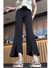 黑色高腰开叉微喇裤女薄款大码梨型身材显瘦小个子九分西装裤