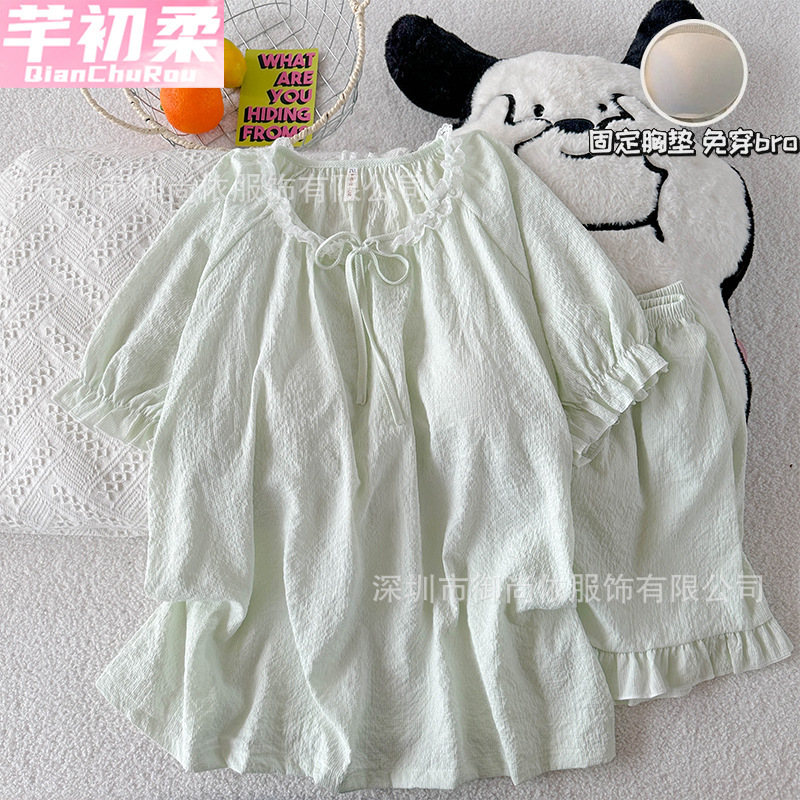 Summer Cloud Cotton Pajamas for Women New Style with Breast Pads, Lace Short-Sleeved Shorts, Casual Simple Home Wear Set Summer Cloud Cotton Pajamas for Women New Style with Breast Pads, Lace Short-Sleeved Shorts, Casual Simple Home Wear Set