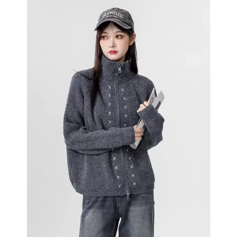 复古灰色高领毛衣外套2025秋冬新款宽松双拉链立领针织开衫女装