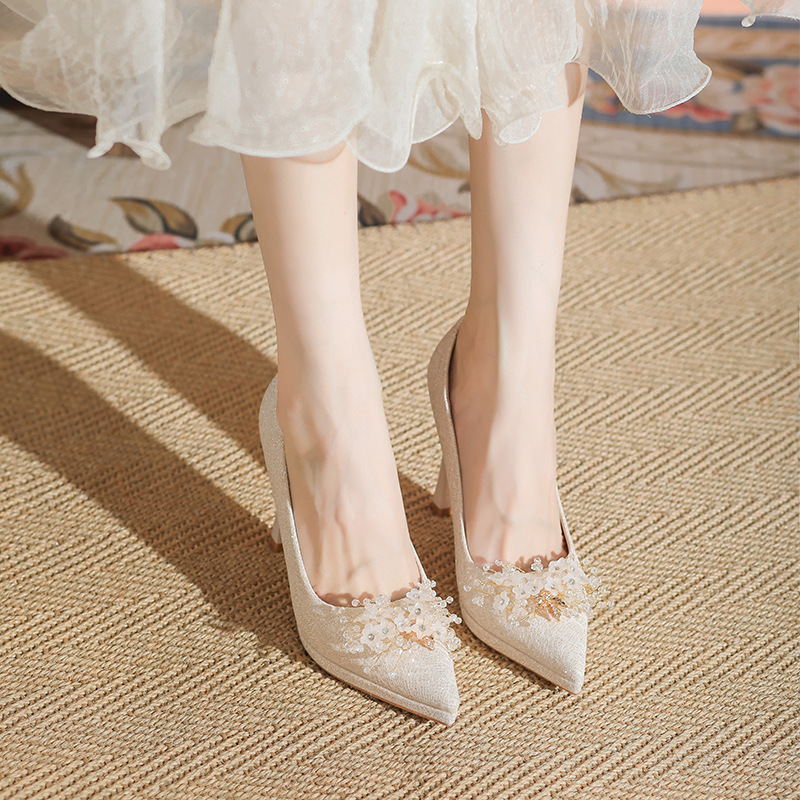 French Champagne Color Thin Flash Platform High Heels Women's Thick Sole Not Tired Feet Wedding Shoes Pointed Toe Thin Heel Shoes