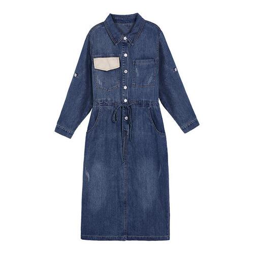 Long-sleeved denim dress, women's mid-long spring and autumn new style, Korean style waist slimming, split denim dress, over the knee