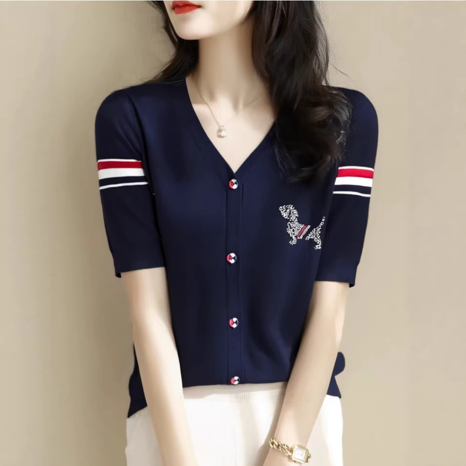 南油专柜小狗烫钻拼色短袖T恤上衣女夏季新款气质V领针织衫上衣