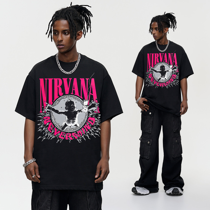 NIRVANA Classic Band Cover American Retro Short-sleeved T-shirt Cross-border Men's Summer New Half-sleeved Small Collar