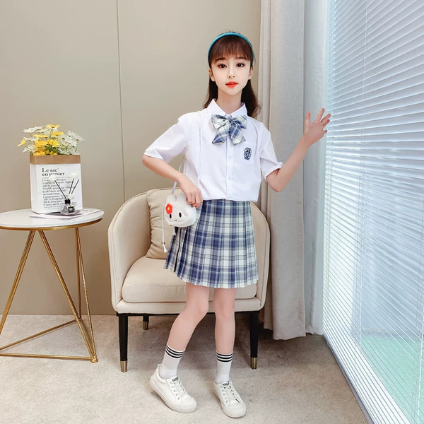 Skirt, bow tie, set, with embroidery, with short sleeve