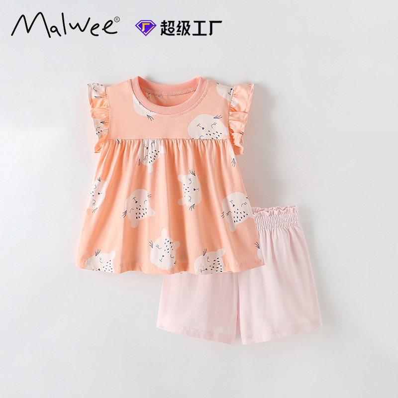 Traje de niña malwee transfronterizo, nuevo estilo de verano, cuello redondo, traje de dos piezas para niños pequeños y medianos europeos y americanos, ropa linda para niñas