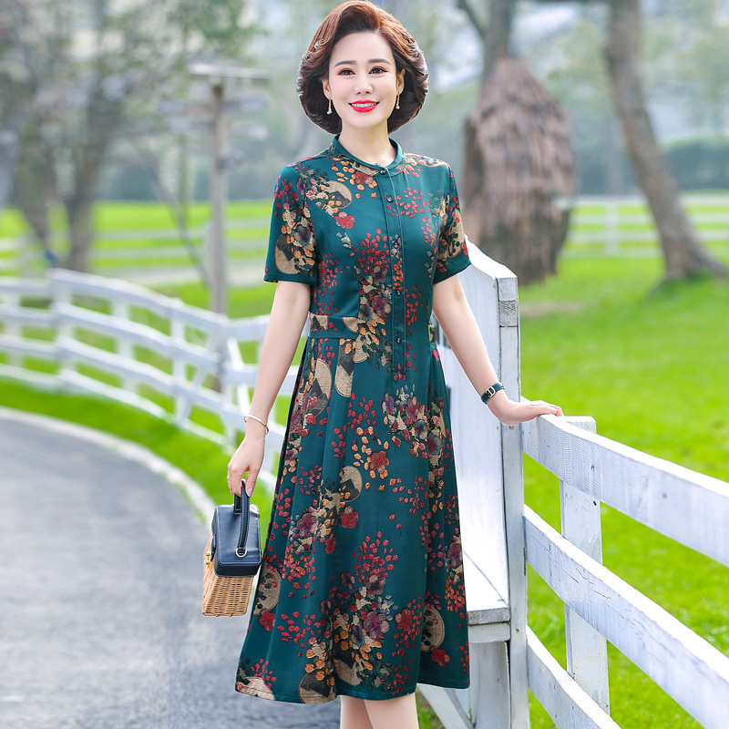 Middle-aged and elderly people Mom outfit Overknee Dress Summer wear new pattern middle age Women's wear 40 temperament grace Western style skirt
