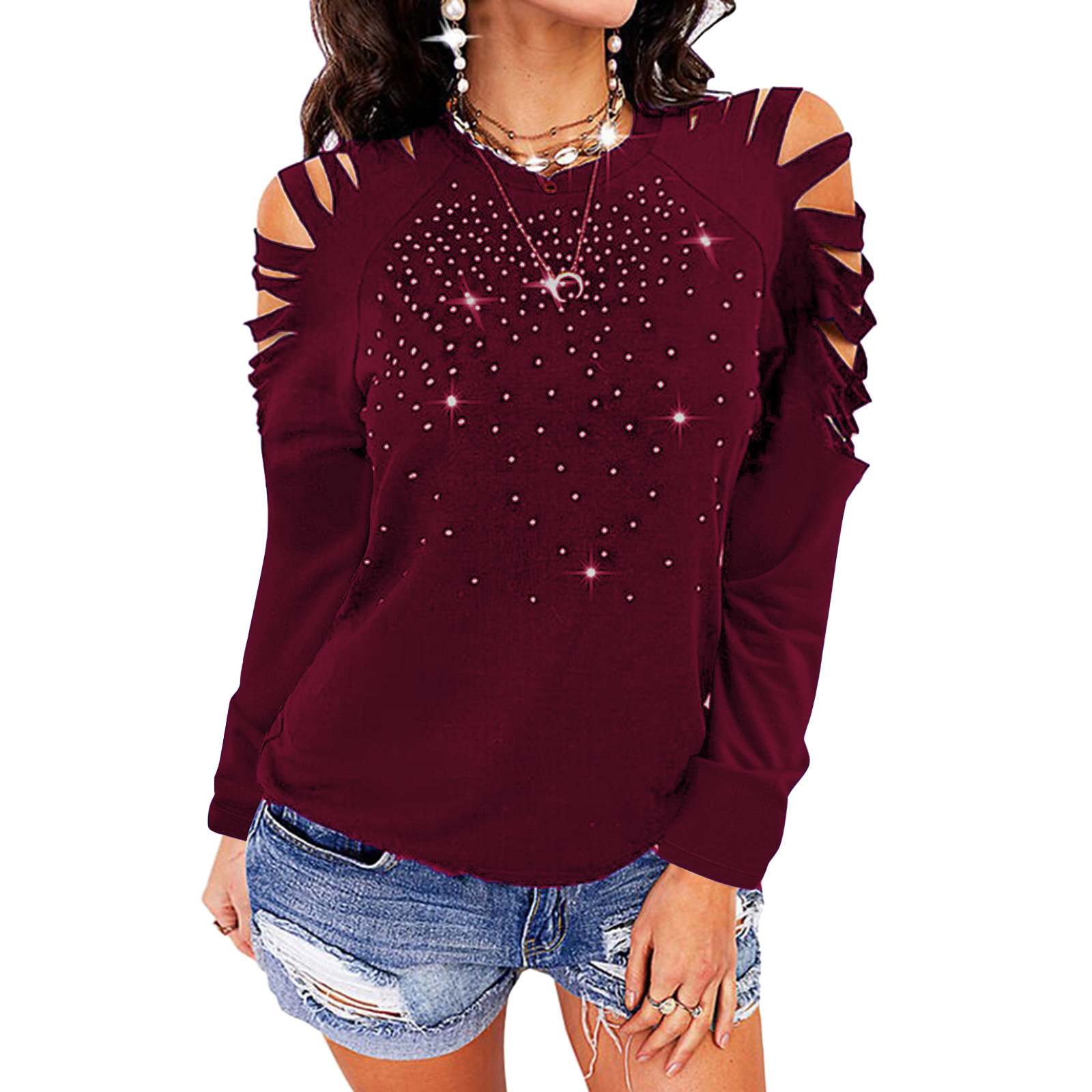 Fashion Starry Sky Cotton Round Neck Long Sleeve Raglan Sleeve Ripped Diamond T-shirt display picture 2