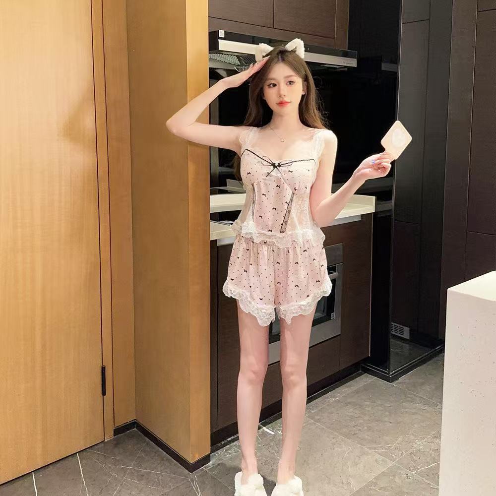 2024 New Sweet Ice Silk Pajamas Women's Summer Sexy Pure Desire Hollow Sling Chest Pad Shorts Two-Piece Set