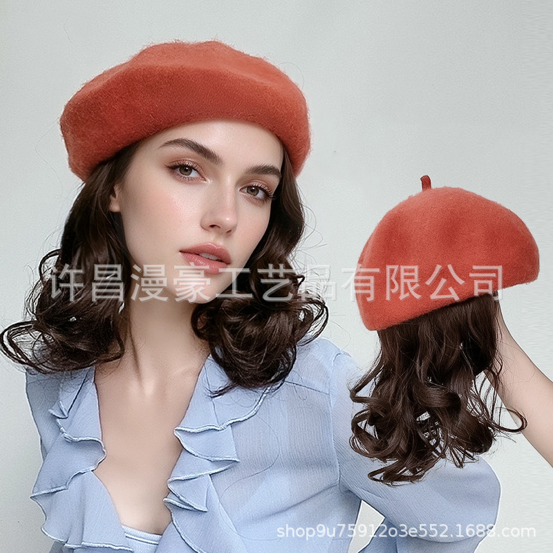Wig Beret One-piece Lazy Style Short Curly Hair High Temperature Silk Fashion Women's Online Red Hat 2022 Autumn and Winter New