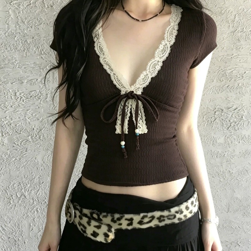 Vintage Spicy Girl Style Lace Trim Color-Blocking Tie V-Neck Retro Slim-Fit Vintage Top T-Shirt Vintage Spicy Girl Style Lace Trim Color-Blocking Tie V-Neck Retro Slim-Fit Vintage Top T-Shirt