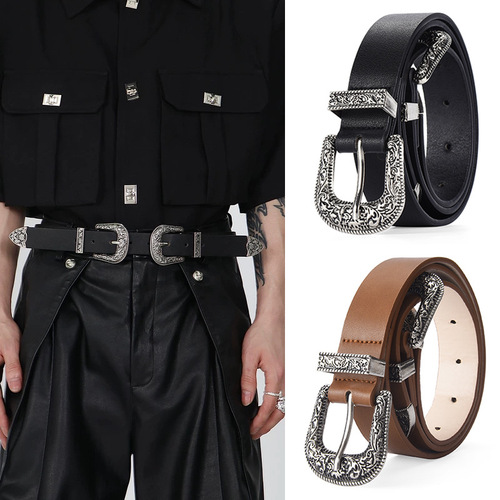 Elegant and Fashionable Men and Women's Belts with Dual Buckle Decorative Engraved Clips, Perfect for Pairing with Retro Jeans