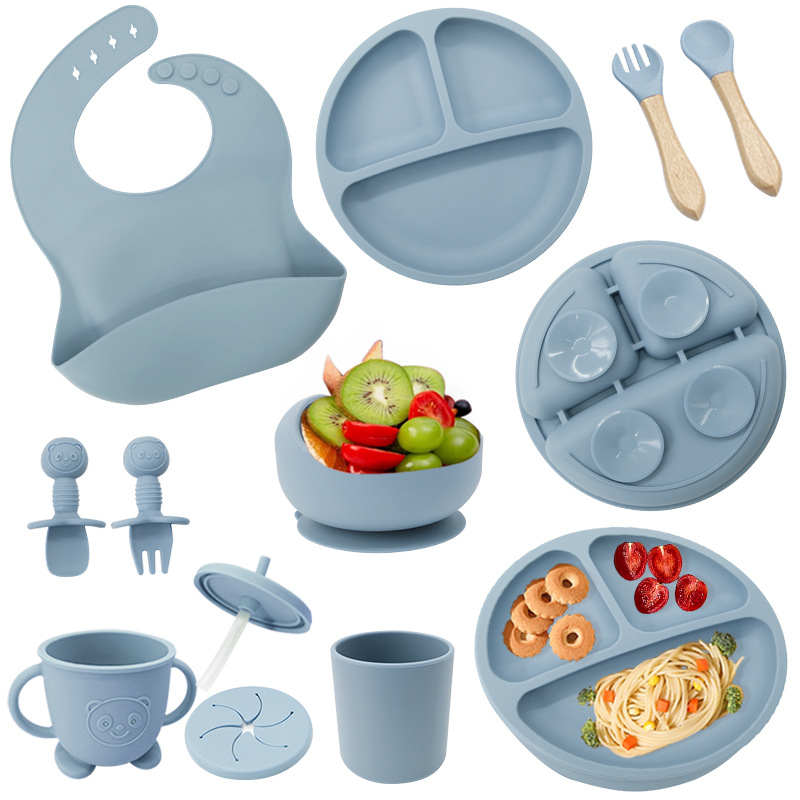 Conjunto de cubiertos de silicona para niños cubiertos de alimentación de grado alimenticio para bebés cubiertos de alimentación integral a prueba de caídas tazón taza de paja