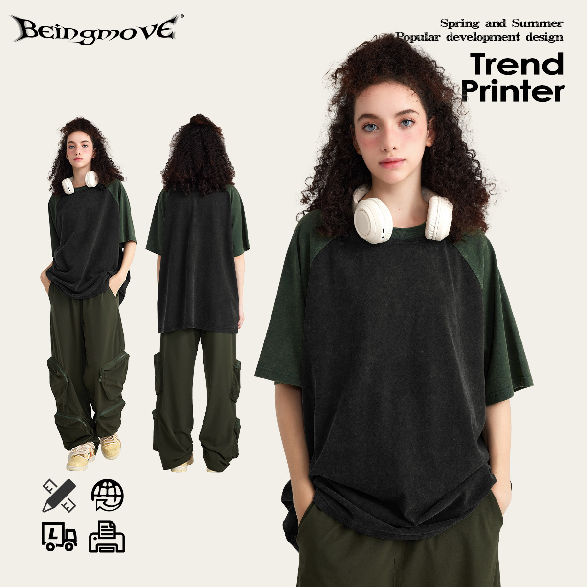 Impresora de marcas| 2025 primavera y verano nuevo 285G color de contraste de hombro lavado con agua manga corta marca de moda vintage americana t