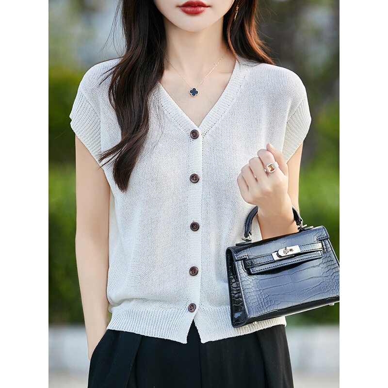Ice Silk Knit Small Flutter Sleeve T-Shirt Women's Cardigan 2026 Summer Thin Breathable Loose Slimming Top Sleeveless Blouse T-Shirt