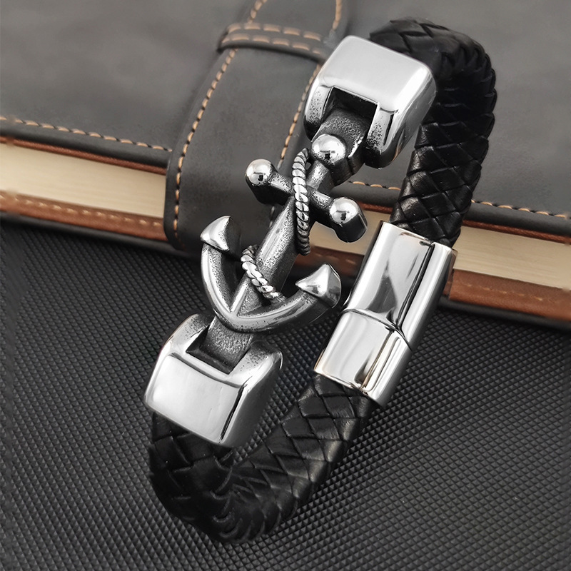 Cross-border domineering boat hook anchor Bracelet Men's multi-layer stainless steel leather woven bracelet handmade leather wholesale Cross-border domineering boat hook anchor Bracelet Men's multi-layer stainless steel leather woven bracelet handmade leather wholesale