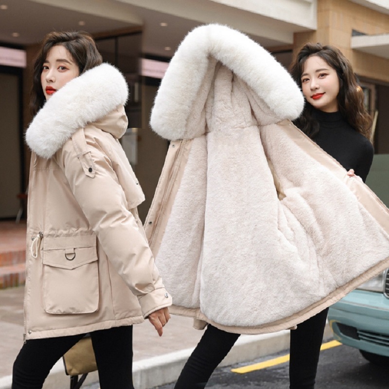 동남아시아 대외 무역 2023 새로운 한국 스타일 느슨한 다운 면 패딩 코트 여자의 허리 큰 모피 칼라 기모 파이크 여자의 유행