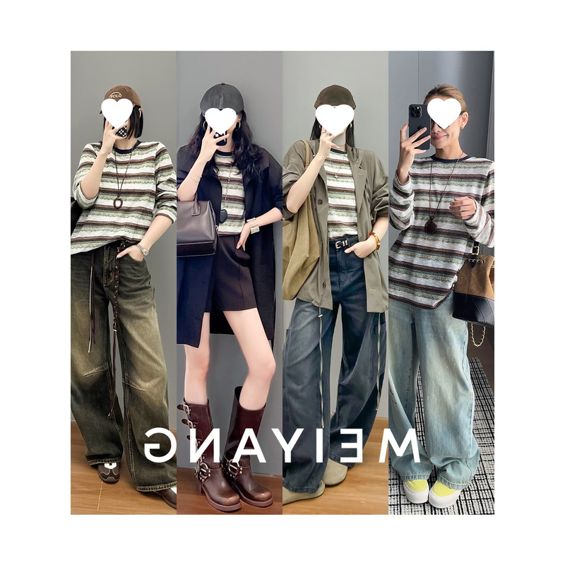 美洋MEIYANG 绿野仙踪针织衫 撞色条纹休闲宽松圆领长袖上衣-周四|undefined