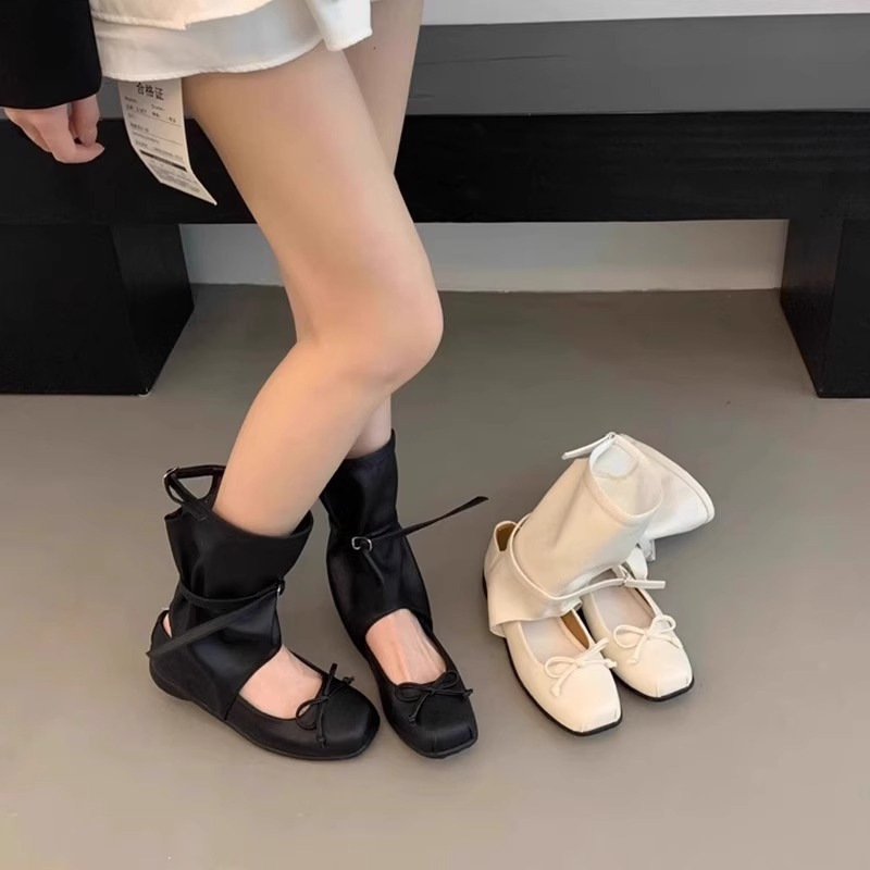 韩国小众设计凉靴子女2025新款夏天蝴蝶结芭蕾舞褶皱堆堆靴中筒靴|undefined