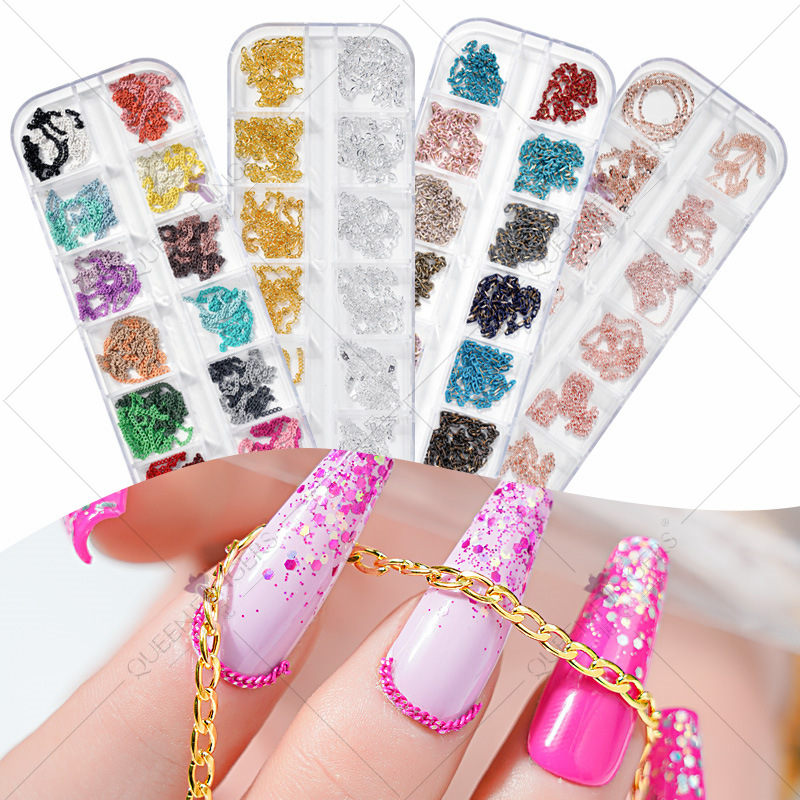 Joyas de uñas japonesas de color macarón cadena de uñas con perforación de metal decoración cadena de joyas de uñas DIY
