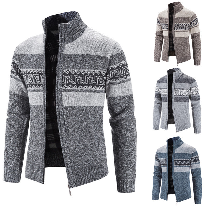 Men's Thick Color-Blocked Jacket with Stand Collar Knit Sweater for Autumn and Winter 2023, Fleece-Lined Warm Cardigan