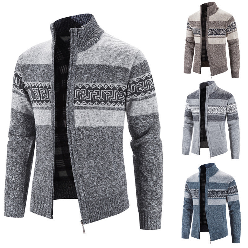 Men's Thick Color-Blocked Jacket with Stand Collar Knit Sweater for Autumn and Winter 2023, Fleece-Lined Warm Cardigan Men's Thick Color-Blocked Jacket with Stand Collar Knit Sweater for Autumn and Winter 2023, Fleece-Lined Warm Cardigan