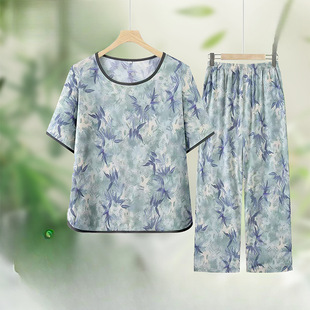 Summer Printed Short-Sleeved Suit, Cool, Loose and Casual, Mother's Wear, Bamboo Leaf Blue, Bamboo Leaf Purple