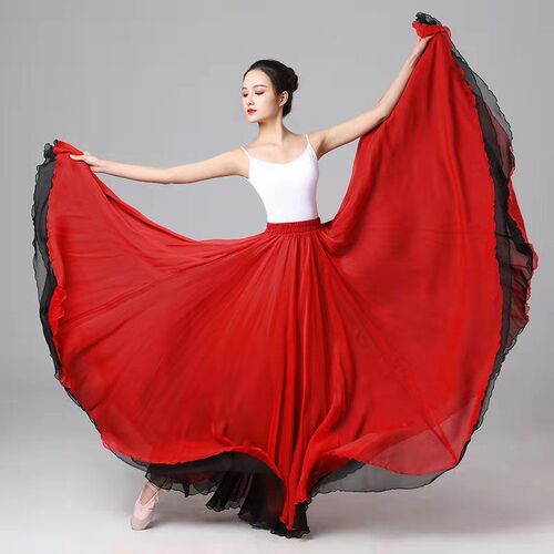 A 720-degree double-layer Tencel flowing maxi skirt, Chinese classical ethnic dance practice costume, showcasing a long skirt.
