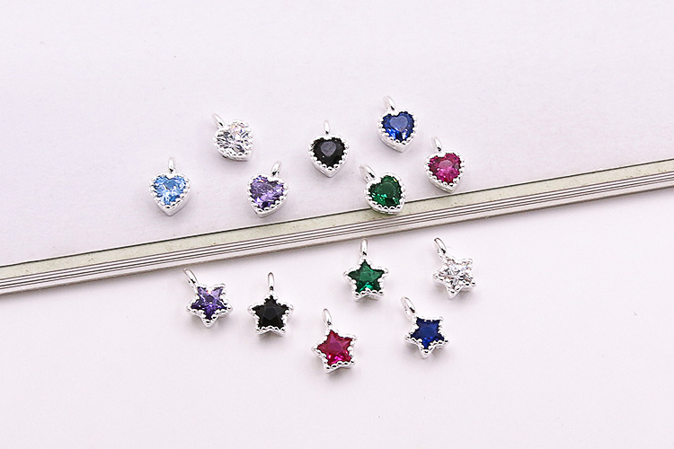 5.8*3.6mm Jewelry Making Size Zircon Inlay Material 1 Piece 5.8*3.6mm Hole 1~1.9mm 925 Sterling Silver Zircon Star Heart Shape Pendant