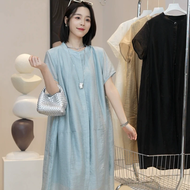 Высококачественное льняное платье Tencel с короткими рукавами, женская летняя юбка большого размера, повседневная свободная утягивающая юбка средней длины