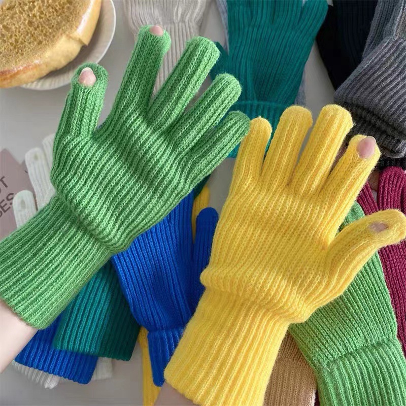 ins针织毛线触屏手套男女保暖纯色露指学生秋冬触控成人触摸屏