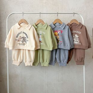 Ins K-Style of Boys and Girls Baby Pure Cotton Spring and Autum Cartoon Printed Two-Piece Suit Thickeneded Loose Casual Suit