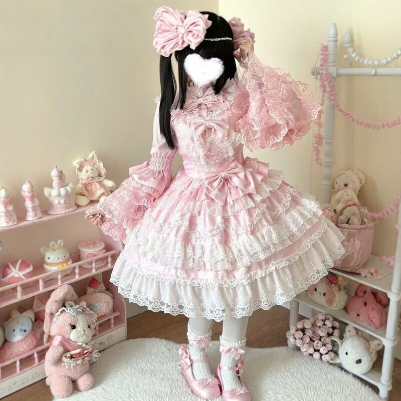 2026 New Sweet Lolita Dress for Women, Long-Sleeved Lace Cake Dress, Bow Princess Dress