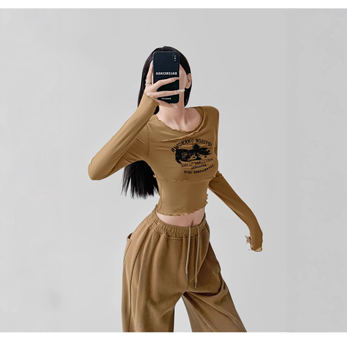 Printed top—sensual, trendy, high-end look, slimming design—sexy black short-style long-sleeved women’s piece for spring and autumn.