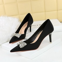 18249-AK51 Fashion Pointed High Heels Women's Water Diamond Bow Shallow Mouth Custom Shoes Silk Women's Shoes