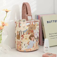 新商品のイラスト漫画のレトロな油絵の熊の女の子は学生の日本のキャンバスの袋の小さい大衆のバケツの包みを持ちます。