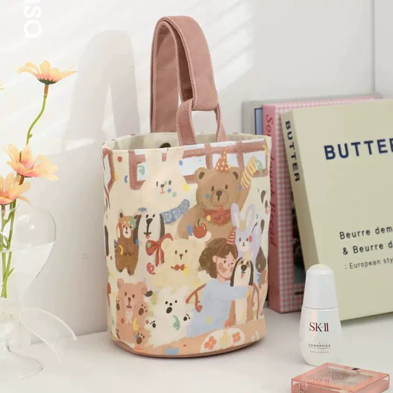 Новая модель иллюстрация мультфильм ретро масляная живопись медведь девушка портативная студентка японская холщовая сумка нишевые ведро сумка