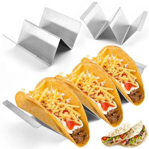 Stainless steel Mexican thin pancake stand W-shaped griddle with 430 corn tortillas placed on a taco holder tool