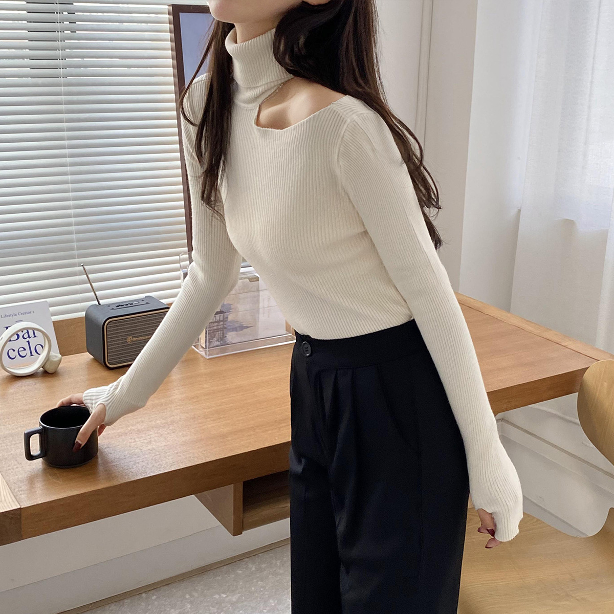 High-Necked Long-Sleeved Hollow Sweater NSFYF85683