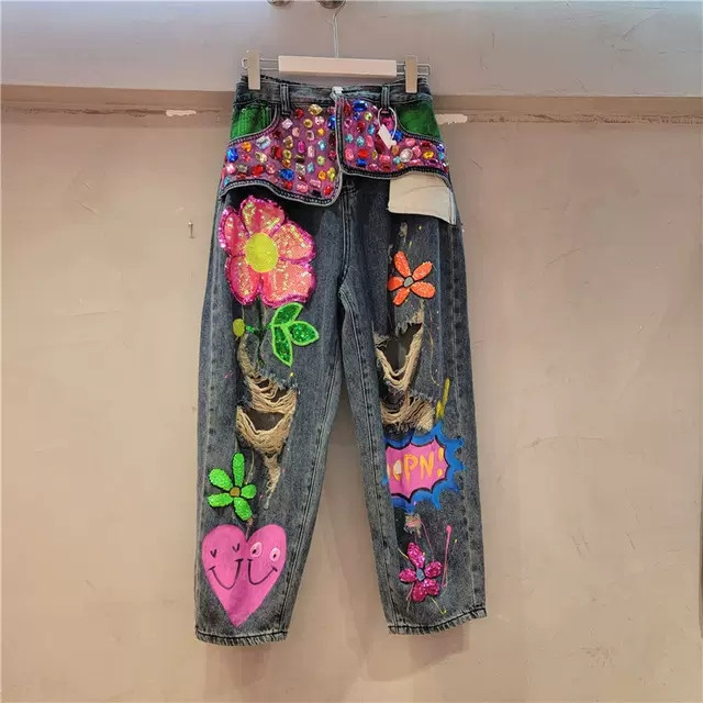 Pantalones vaqueros rotos de cintura alta y corte recto para mujer, estilo europeo, con pedrería, nueva colección primavera-otoño 2025