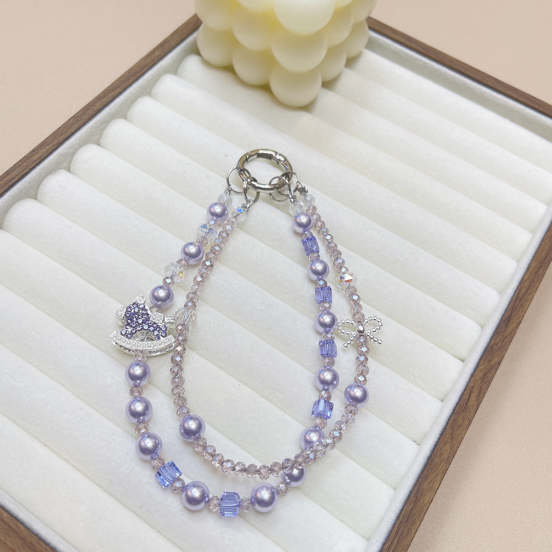 Ins viento hecho a mano perla de doble cadena para teléfono móvil cordón creativo pedrería troyano colgante muñeca cristal de una pieza