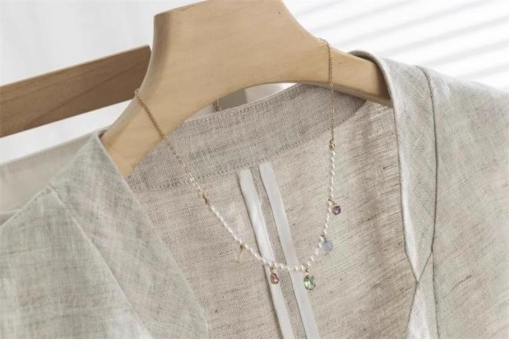 Áo vest gile nữ không tay cổ V chất liệu vải lanh phong cách cổ điển — Màu be chi tiết 5