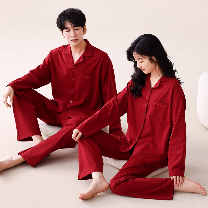 Red Couple Pajamas, Autumn Pure Cotton Long-Sleeved Princess-Style Newlywed Home Clothes, Spring and Autumn Wedding Pajamas for Men and Women Red Couple Pajamas, Autumn Pure Cotton Long-Sleeved Princess-Style Newlywed Home Clothes, Spring and Autumn Wedding Pajamas for Men and Women