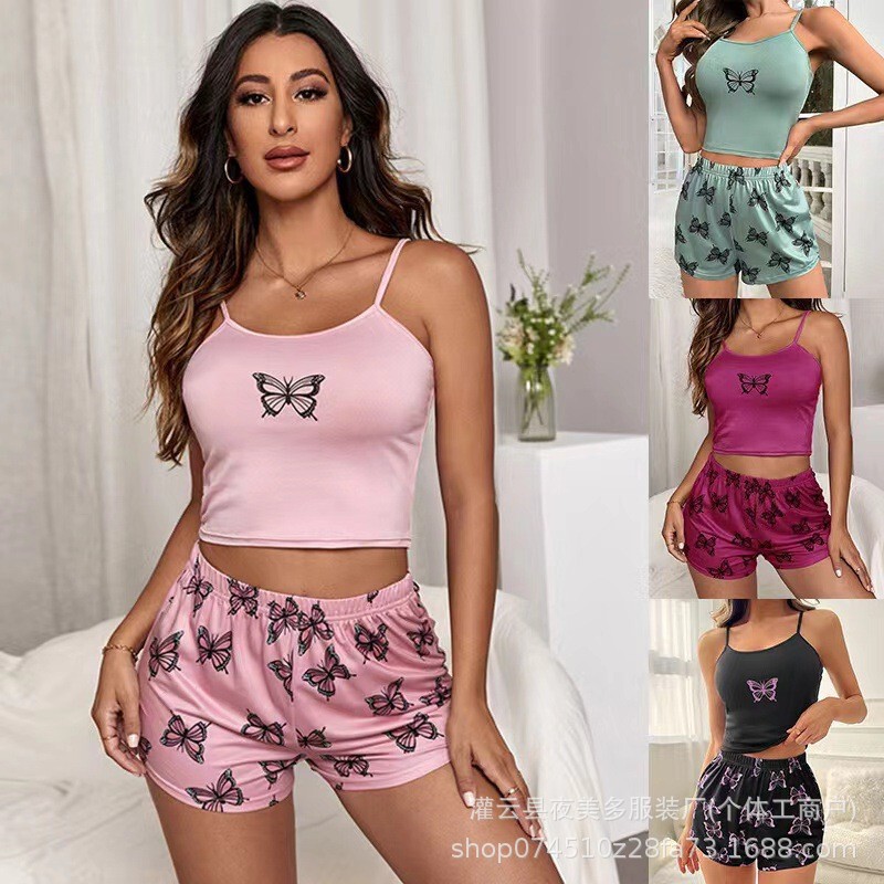 Cross-Border Summer Camisole Shorts Milk Silk Butterfly-Themed Sexy Pajamas Loungewear Set Foreign Trade All-Season Light Luxury