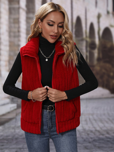 Fluffy Velvet Cross-Border European and American Style Autumn Women's Clothing Lapel Sleeveless Loose Striped Zipper Plush Casual Vest Jacket