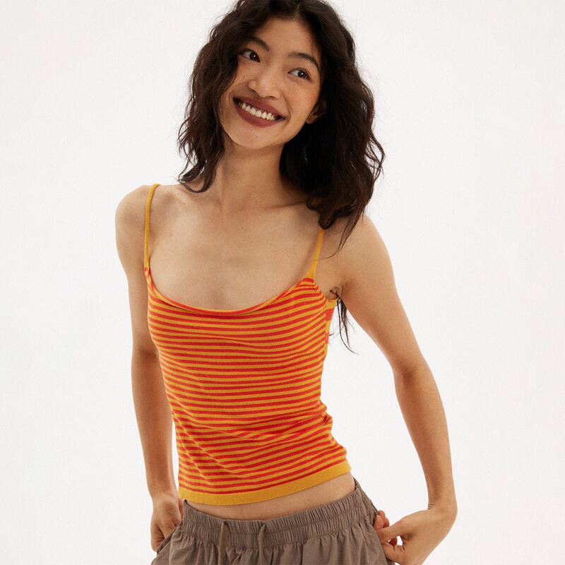 Original Fine-Striped Orange Camisole with Side Breast Coverage, Large Neckline, Stretchy, Slim-Fit, Flattering Short Tank Top, Cool for Summer Original Fine-Striped Orange Camisole with Side Breast Coverage, Large Neckline, Stretchy, Slim-Fit, Flattering Short Tank Top, Cool for Summer